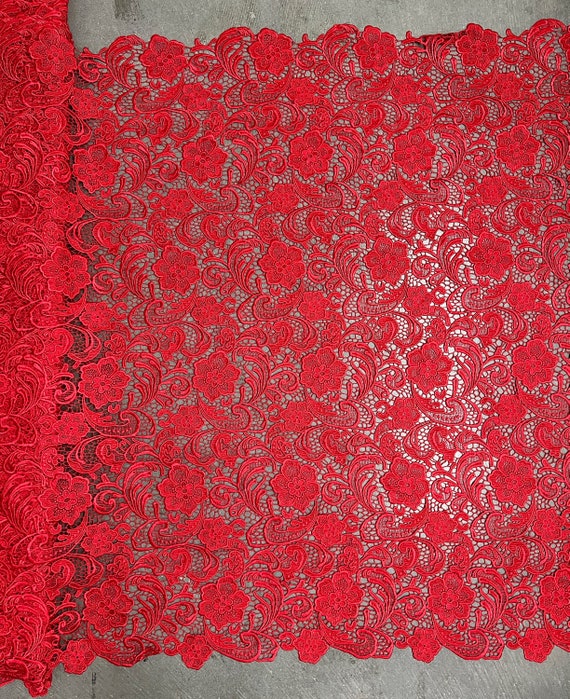 Red Scallop Lace Fabric, Embroidered Lace on Mesh, Stretch Lace