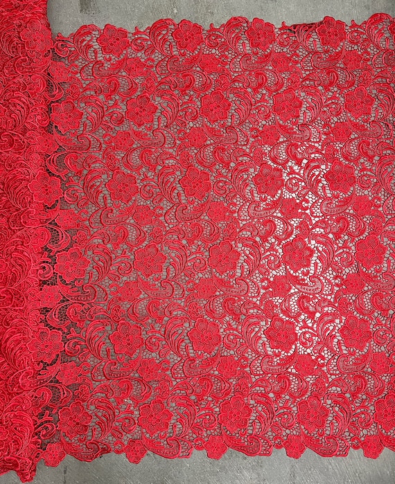 Red Scallop Lace Fabric, Embroidered Lace on Mesh, Stretch Lace