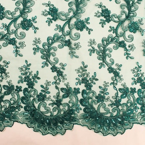 Melody HUNTER GREEN Polyester Floral Embroidery with Sequins on Mesh Lace Fabric by the Yard for Gown, Wedding, Bridesmaid, Prom - 10002