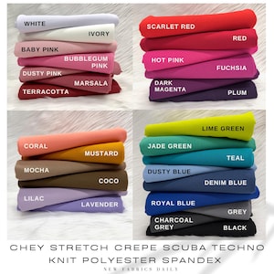Tejido Chey Stretch Crepe Scuba Techno Knit de poliéster y elastano para lazos, nudos, turbantes, ropa, disfraces y manualidades.