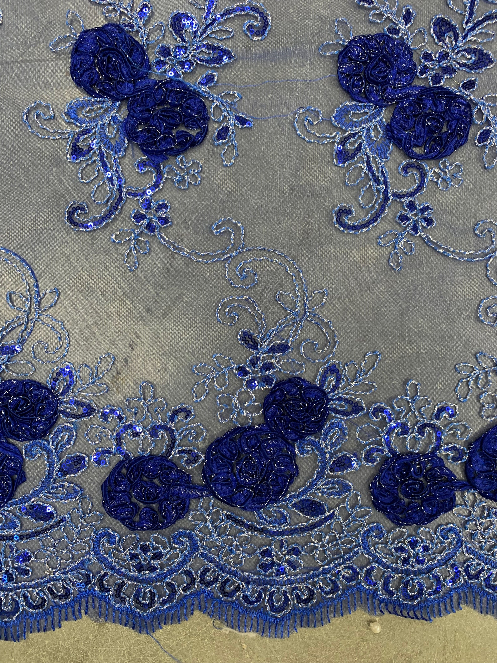 ROYAL BLUE FLORAL DESIGN EMBROIDERY WITH SHINY SEQUIN ON A MESH-SOLD BY YARD main image 1