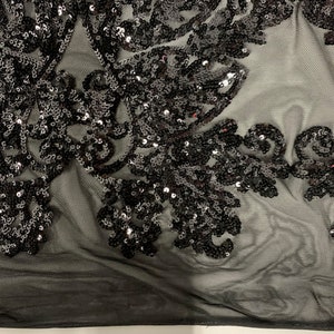 Kara BLACK Hearts and Flowers Sequins on Mesh Lace Fabric by the Yard ...