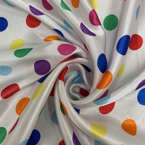 Shelby 0.75&quot; MULTI COLOR Polka Dots on WHITE Polyester Light Weight Satin Fabric by the Yard - 10070
