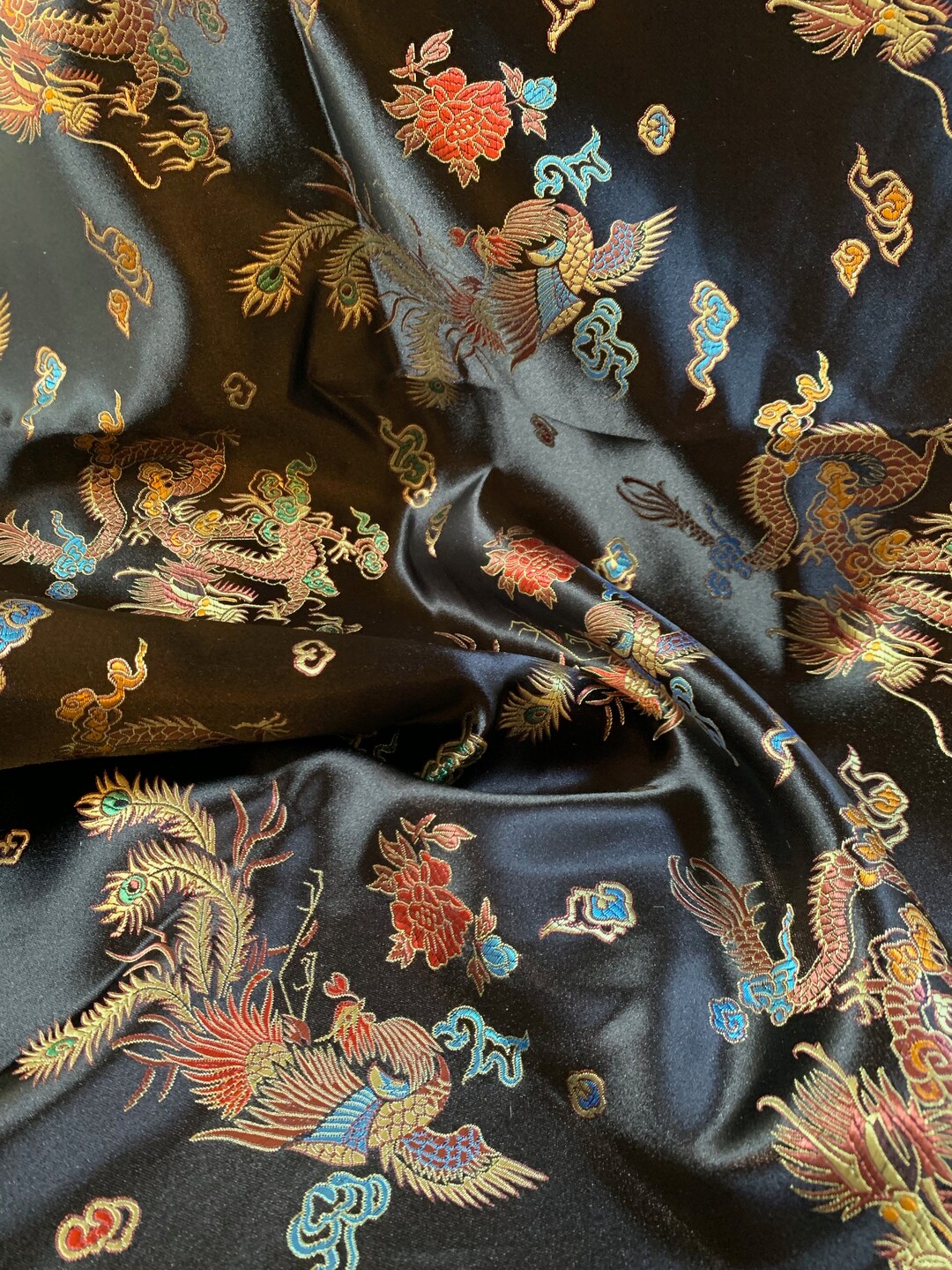 Black with Gold Dragons - Silk Brocade Fabric