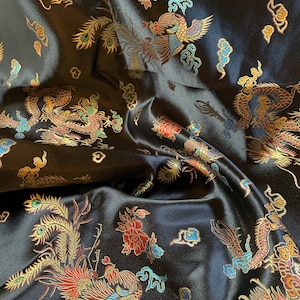 Hope BLACK Dragon Brocade Chinese Satin Fabric by the Yard - 10040