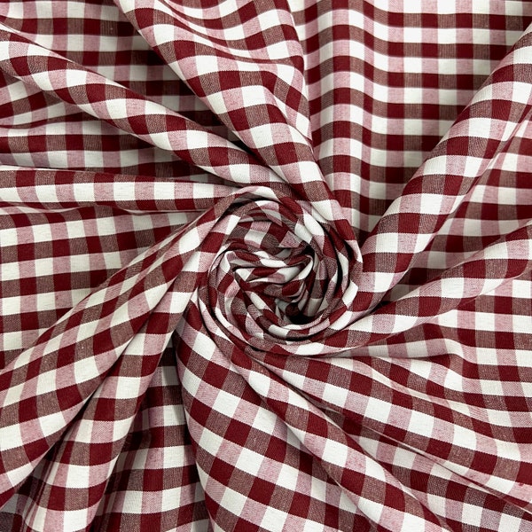 Carly BURGUNDY Mini Checkered Gingham Poly Cotton Fabric by the Yard - 10114