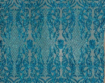 Phoebe IRIDESCENT TURQUOISE Sequins on Mesh Lace Fabric by the Yard - 10062