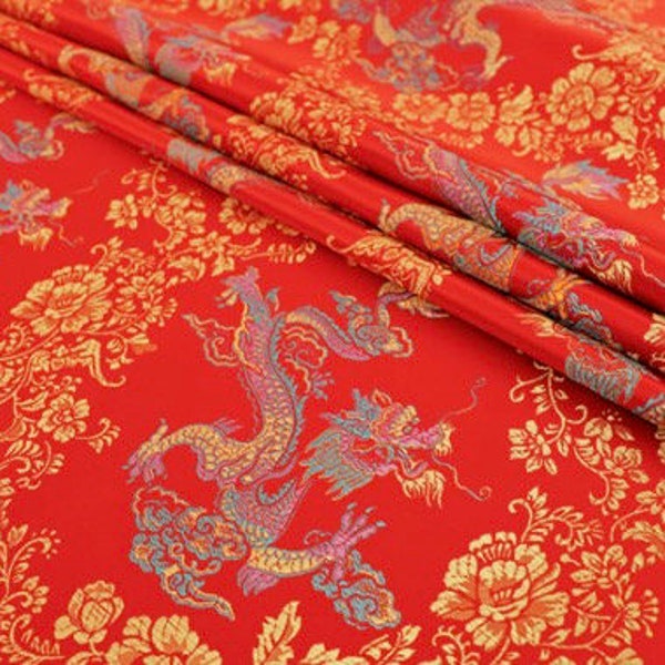 Kai RED Dragon Brocade Chinese Satin Fabric for Cheongsam/Qipao, Apparel, Costumes, Upholstery, Bags, Crafts - 10211