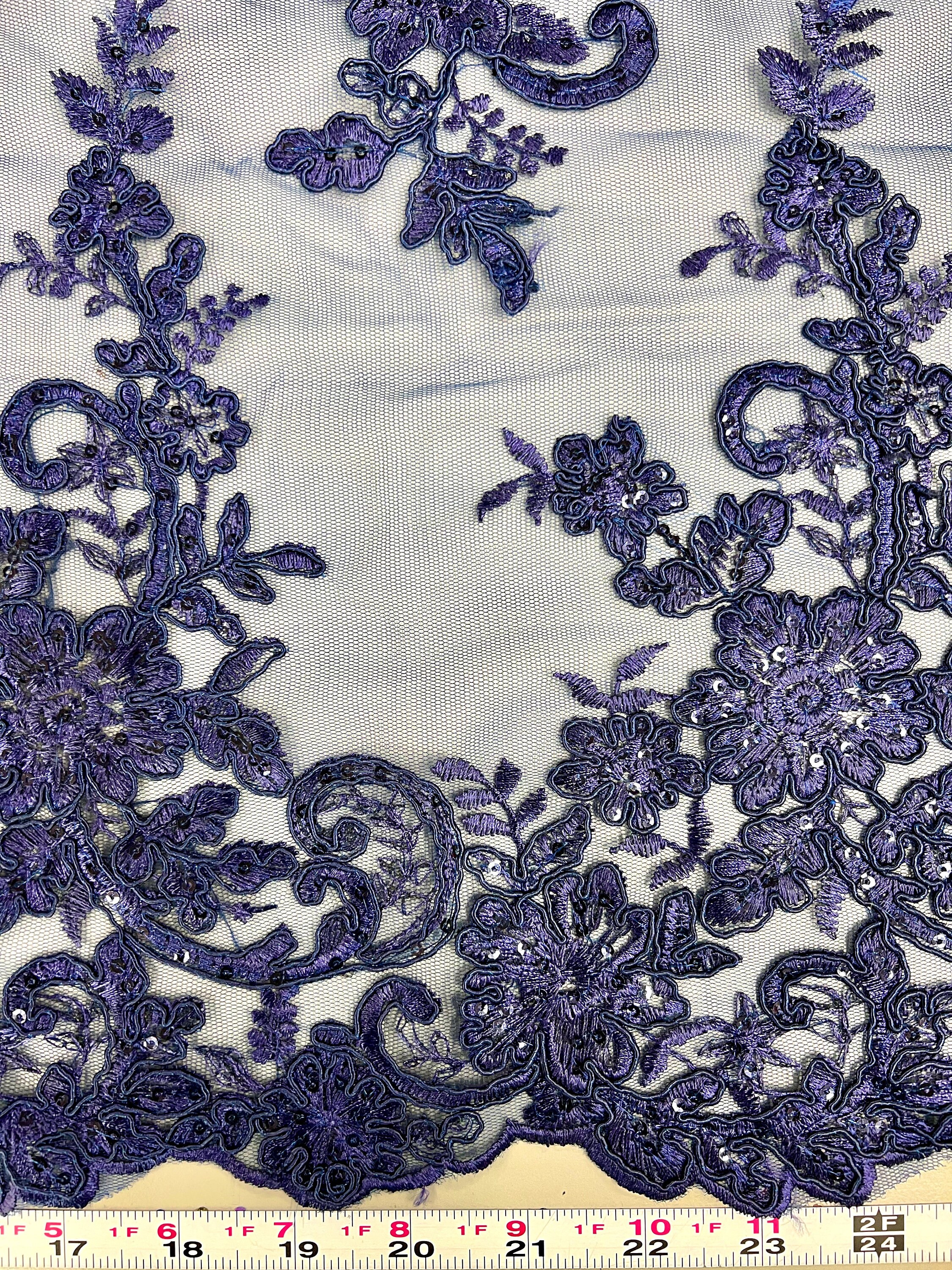 Tess NAVY BLUE Polyester Floral Embroidery With Sequins on Mesh Lace ...