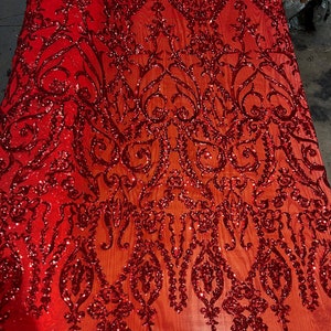 Esmeralda RED Sequins on Mesh Lace Fabric by the Yard - 10102