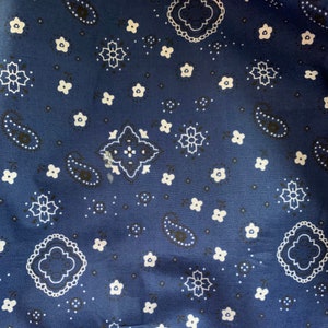 May include: A blue fabric with a white paisley pattern. The fabric has a repeating pattern of small white flowers and paisley shapes.