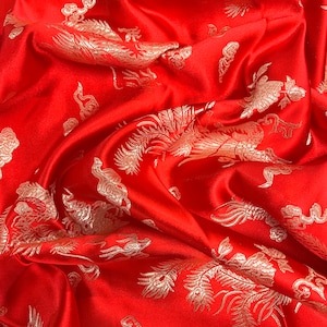 Arisa RED Dragon Brocade Chinese Satin Fabric for Cheongsam/Qipao, Apparel, Costumes, Upholstery, Bags, Crafts - 10237