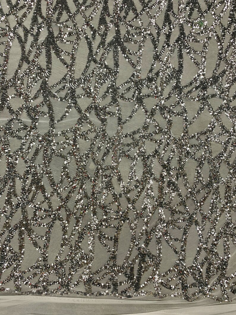 May include: Silver glitter fabric with a geometric pattern on a sheer mesh background.