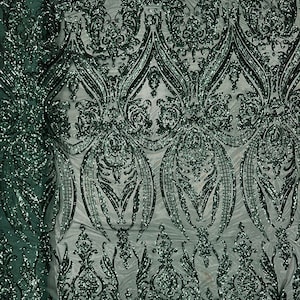 Alaina HUNTER GREEN Curlicue Sequins on Mesh Lace Fabric by the Yard - 10018
