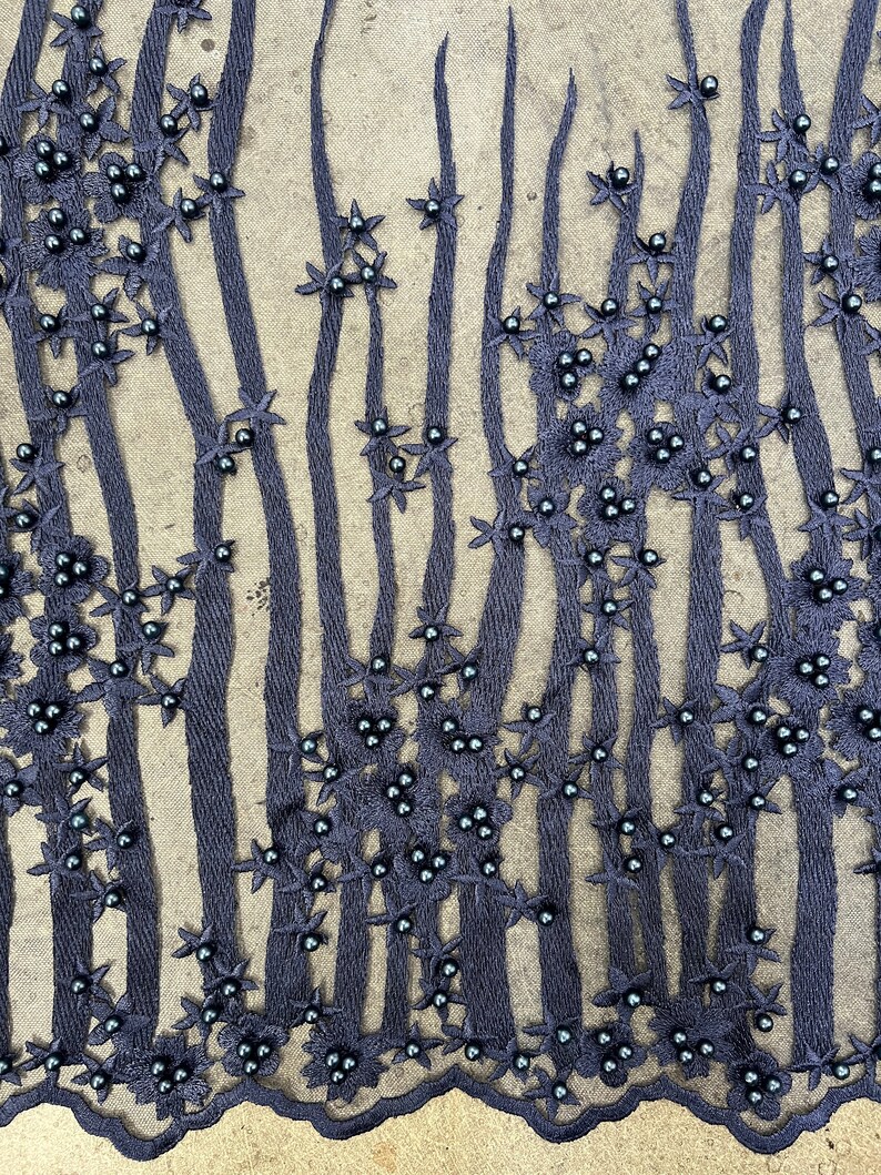 Kelsey NAVY BLUE Floral Beaded Lace Embroidery on Mesh Fabric by the ...