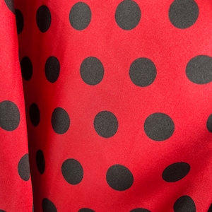 Shelby 0.75&quot; BLACK Polka Dots on RED Polyester Light Weight Satin Fabric by the Yard - 10070