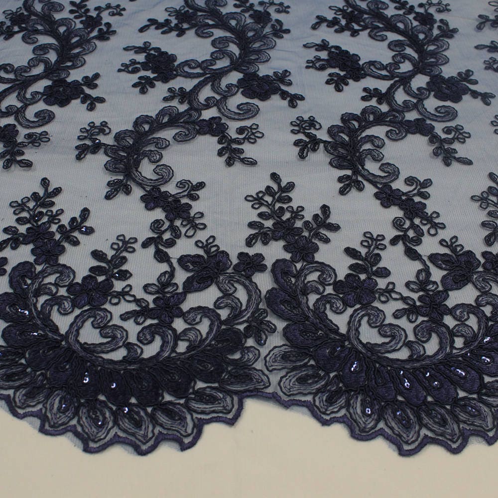 Melody NAVY BLUE Polyester Floral Embroidery With Sequins on Mesh Lace ...