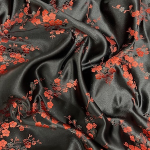 Kori BLACK RED Plum Blossom Floral Brocade Chinese Satin Fabric for Cheongsam/Qipao, Apparel, Costumes, Upholstery, Bags, Crafts - 10210