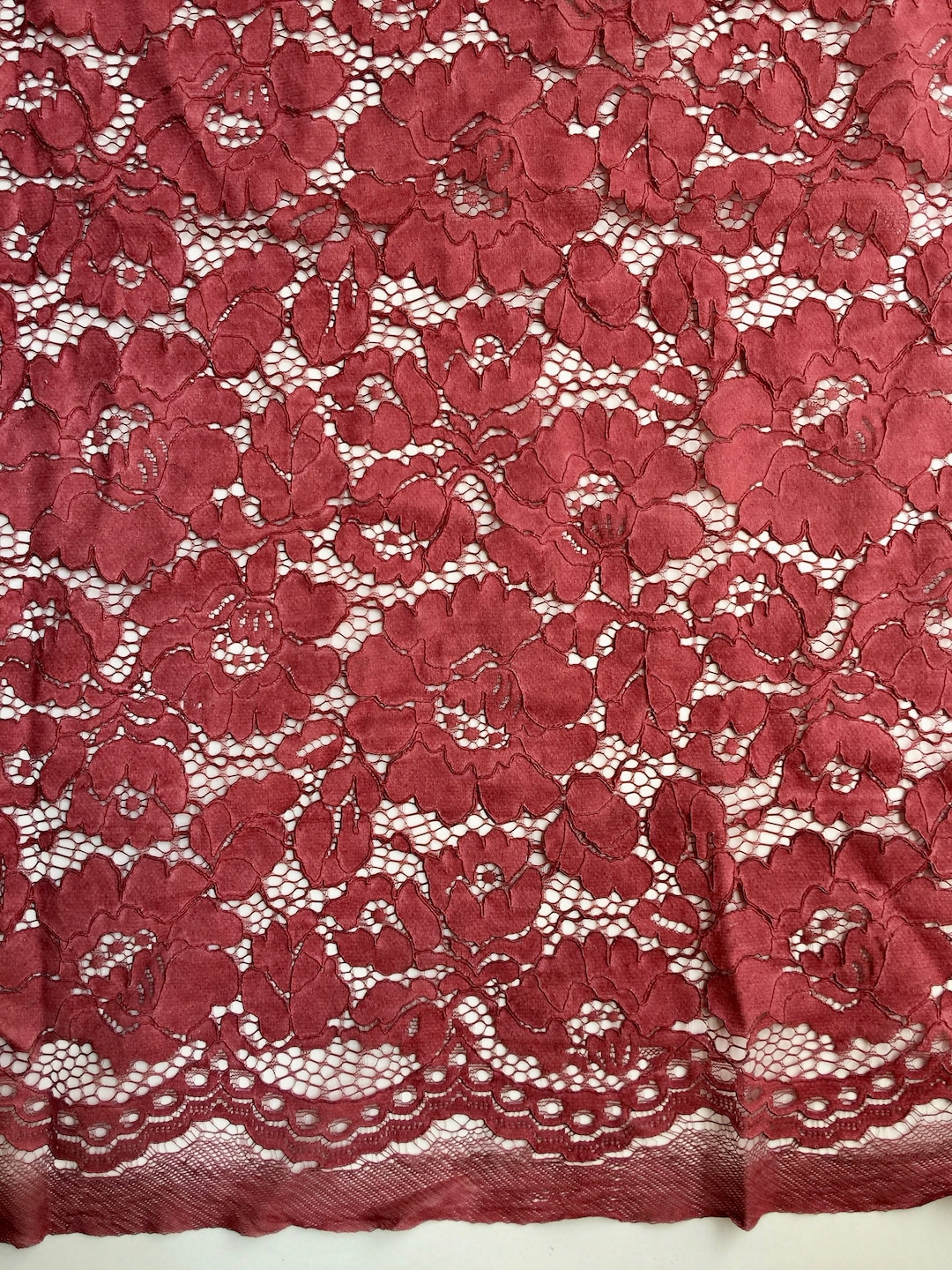 Summer BURGUNDY Floral Pattern Double Dyed Flat Lace on Mesh Fabric by ...