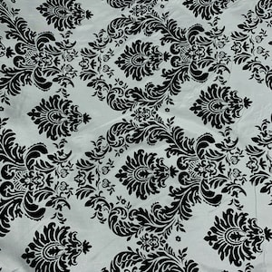 Amanda SILVER Taffeta with BLACK Velvet Flocked Damask Fabric by the Yard - 10078
