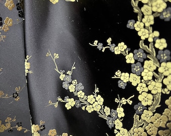 Kori BLACK GOLD Plum Blossom Floral Brocade Chinese Satin Fabric for Cheongsam/Qipao, Apparel, Costumes, Upholstery, Bags, Crafts - 10210