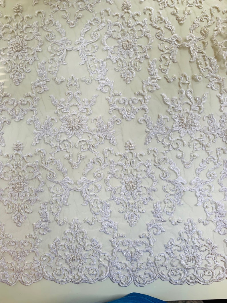 Helena WHITE Embroidered Damask Pattern With Faux Pearls and - Etsy