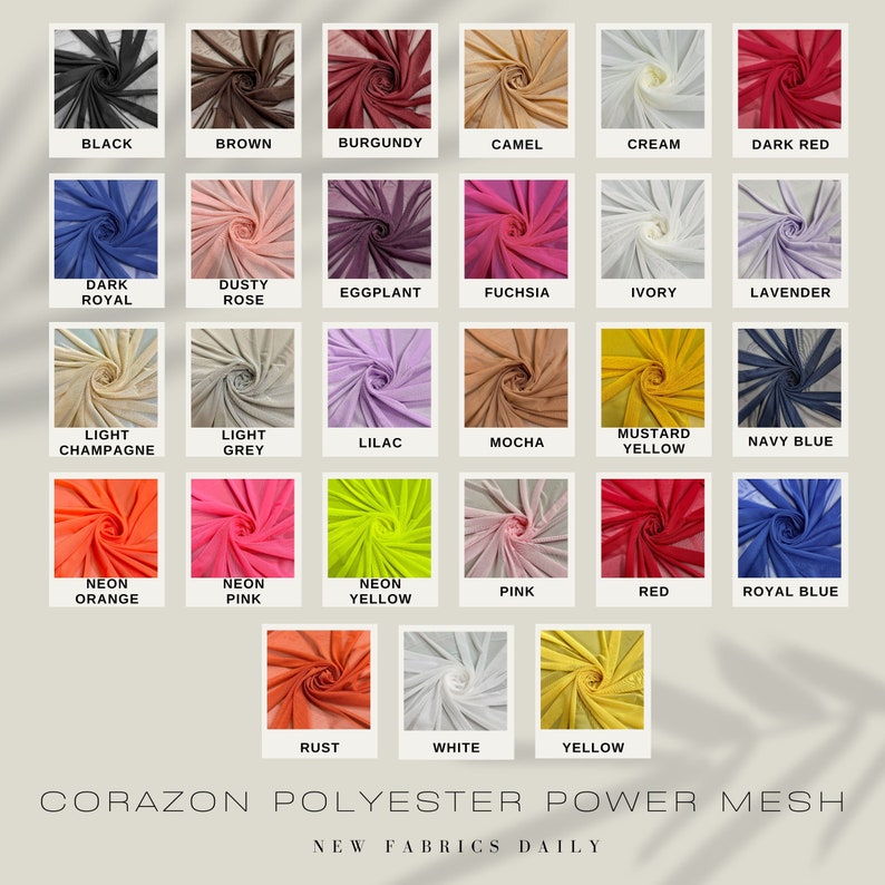 Pu&ograve; includere: Una cartella colori di 24 colori diversi di tessuto in rete di potenza in poliestere. I colori sono disposti in quattro file di sei colori ciascuna. I colori includono nero, marrone, bordeaux, cammello, crema, rosso scuro, blu scuro reale, rosa polveroso, melanzana, fucsia, avorio, lavanda, champagne chiaro, grigio chiaro, lilla, moka, giallo senape, blu navy, arancione neon, rosa neon, giallo neon, rosa, rosso, blu reale, ruggine, bianco e giallo.