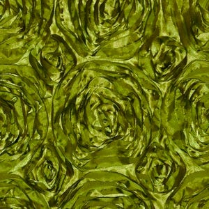 May include: Olive green fabric with a rosette pattern. The fabric is made of a soft, silky material and has a subtle sheen.
