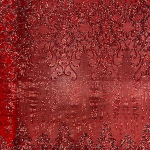 Angelica RED Curlicues and Leaves Sequins on Mesh Lace Fabric by the Yard - 10132