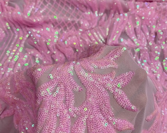 Francesca IRIDESCENT PINK Vines and Diamonds Pattern Sequins on Mesh Lace Fabric by the Yard - 10130