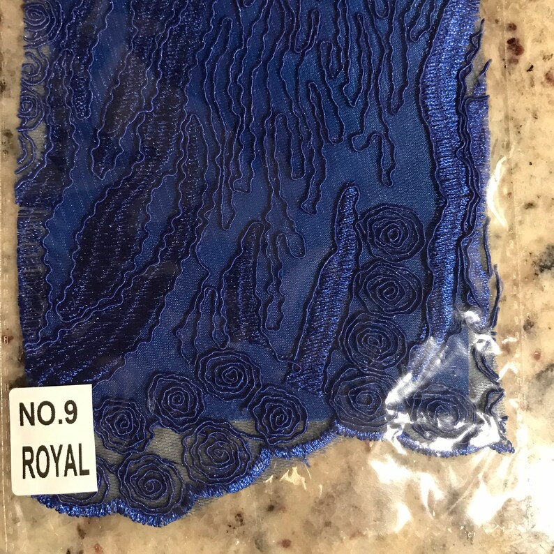 10045 Katelyn ROYAL BLUE Vines and Swirls Corded Embroidery on Mesh Fabric by the Yard