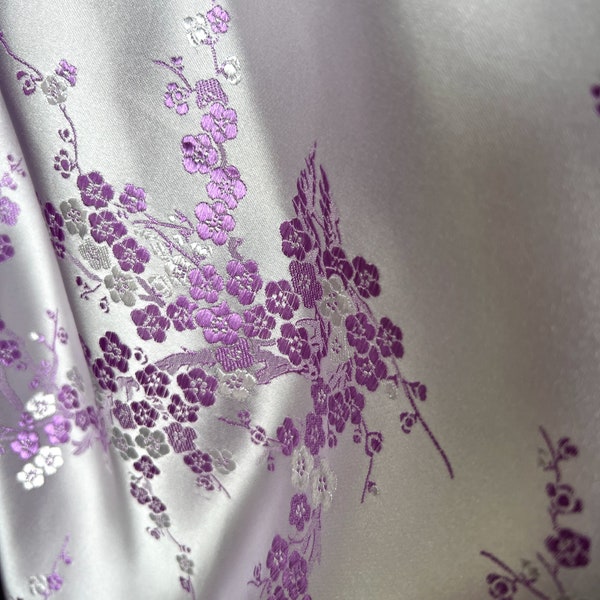 Kori LAVENDER Plum Blossom Floral Brocade Chinese Satin Fabric for Cheongsam/Qipao, Apparel, Costumes, Upholstery, Bags, Crafts - 10210