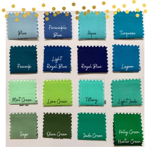 Puede incluir: Una carta de colores con 16 muestras de tela en varios tonos de azul, verde y turquesa. Las muestras est&aacute;n etiquetadas con el nombre del color y un c&oacute;digo.