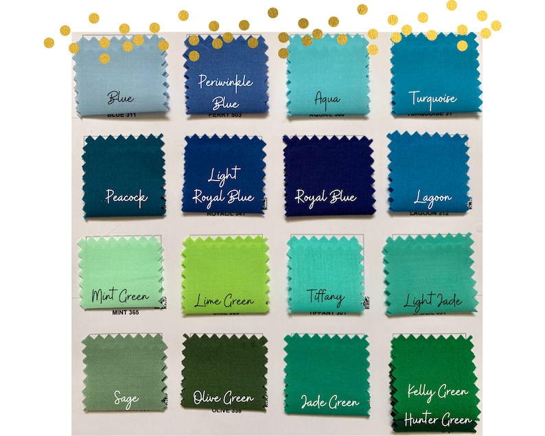 Puede incluir: Una carta de colores con 16 muestras de tela en varios tonos de azul, verde y turquesa. Las muestras est&aacute;n etiquetadas con el nombre del color y un c&oacute;digo.