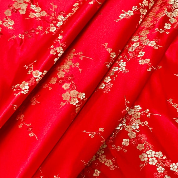 Kori RED Plum Blossom Floral Brocade Chinese Satin Fabric for 