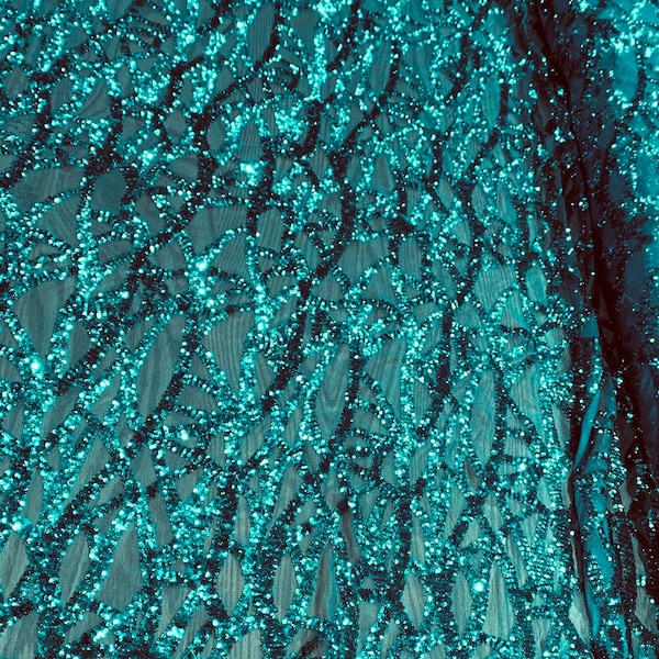 Celeste TEAL Sequins on Mesh Lace Fabric by the Yard - 10134