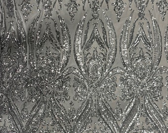 Alaina SILVER Curlicue Sequins on WHITE Mesh Lace Fabric by the Yard - 10018