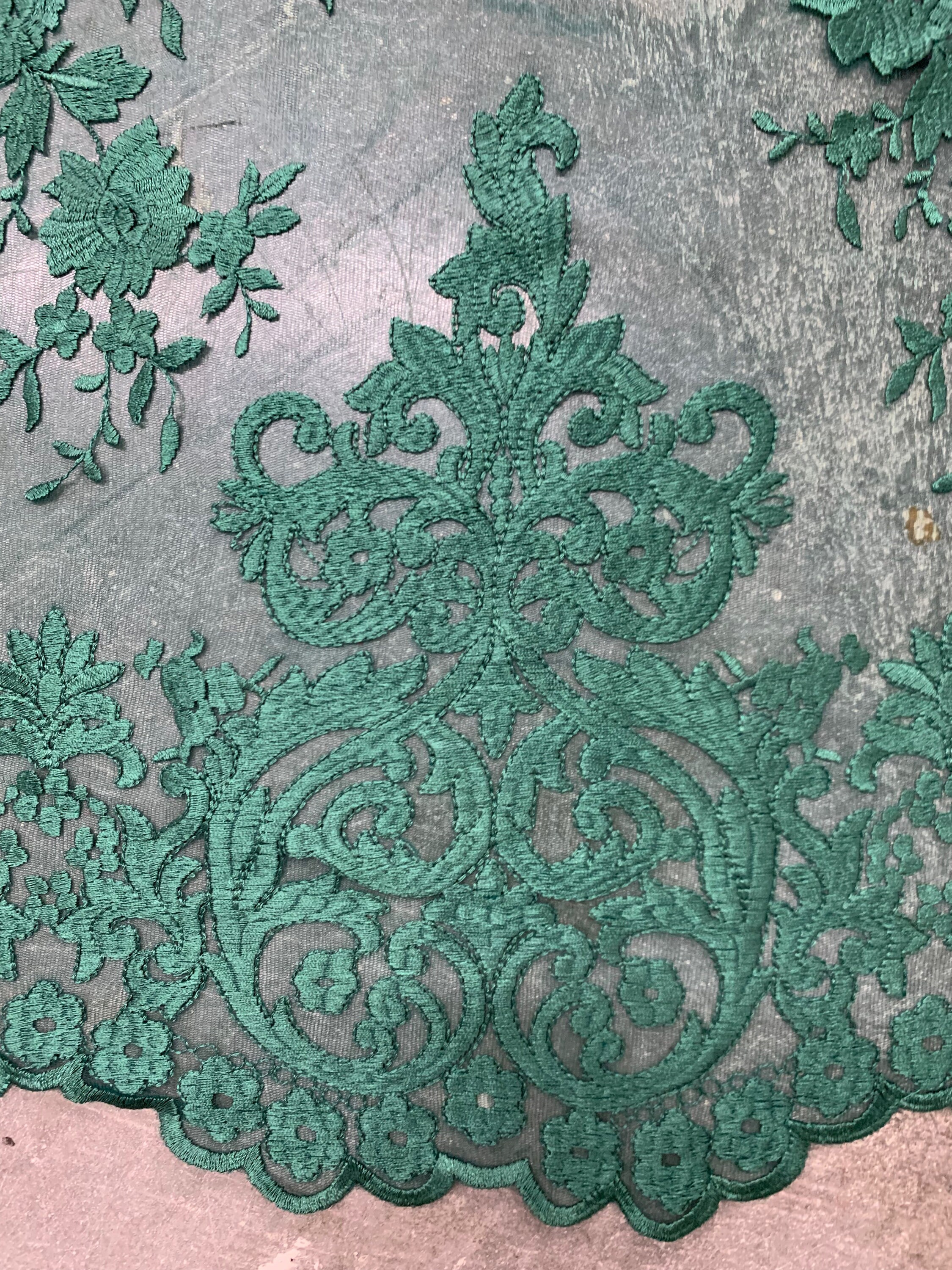 Teagan HUNTER GREEN Damask Design Embroidered on Mesh Lace Fabric by ...