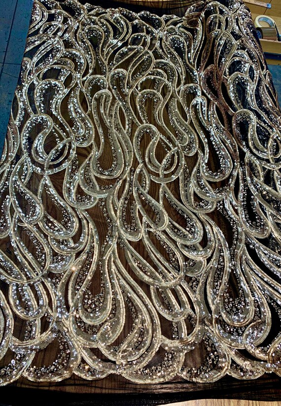 Rose Floral Swirls Sequins On Mesh Lace Fabric By The Yard Used For -Dress-Bridal-Decorations [Coral]