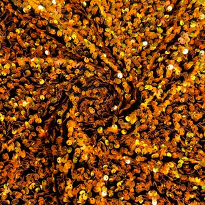 Stephanie IRIDESCENT ORANGE Overlap Sequins on BLACK Stretch Velvet Fabric by the Yard for Gowns, Apparel, Costumes, Crafts - 10185