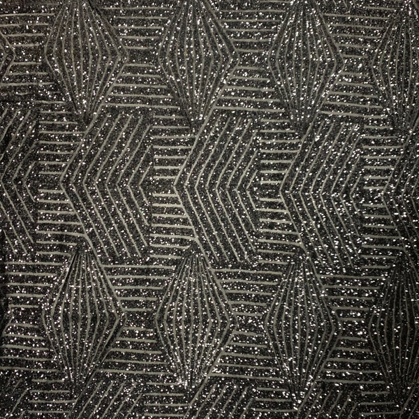 Thea BLACK Geometric Sequins Diamond & Stripes on Mesh Lace Fabric by the Yard - 10026