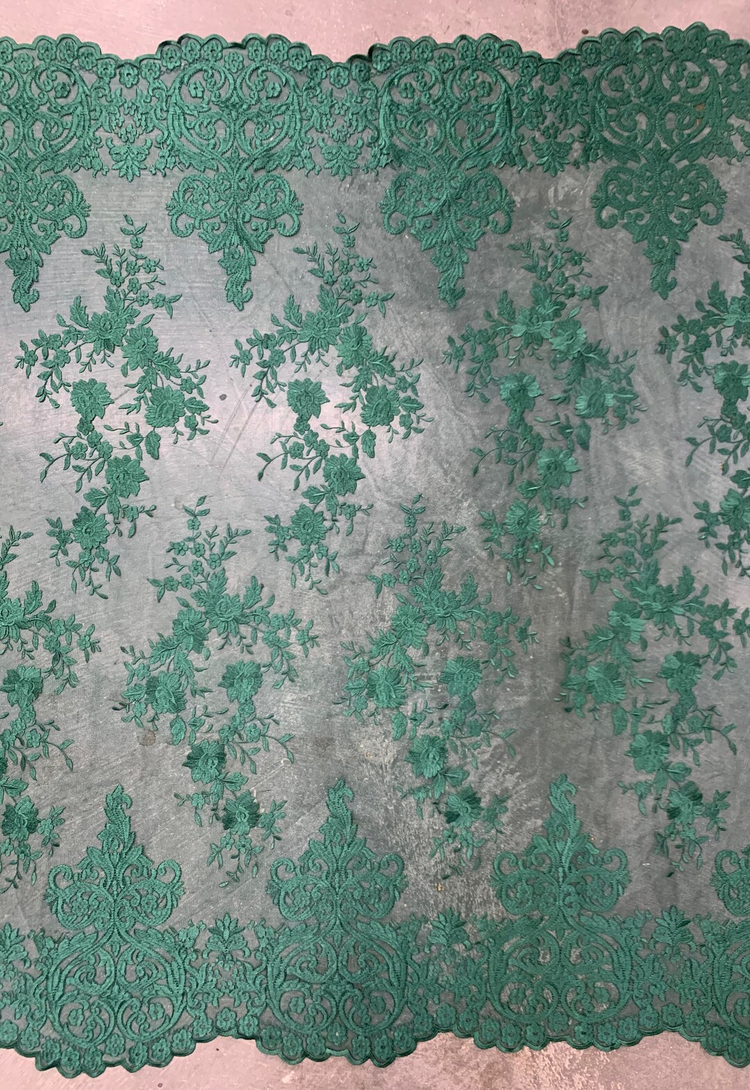 Teagan HUNTER GREEN Damask Design Embroidered on Mesh Lace Fabric by ...