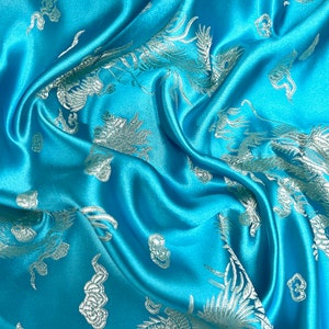 Arisa TURQUOISE Dragon Brocade Chinese Satin Fabric for Cheongsam/Qipao, Apparel, Costumes, Upholstery, Bags, Crafts - 10237