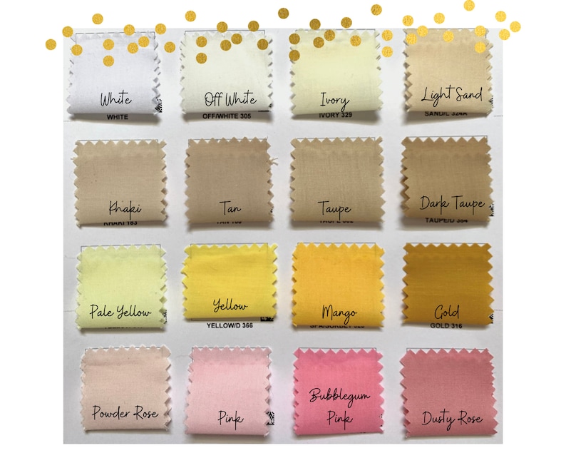Puede incluir: Carta de muestras con 16 muestras de tela en varios colores, incluyendo blanco, blanco roto, marfil, arena clara, caqui, marr&oacute;n, topo, topo oscuro, amarillo p&aacute;lido, amarillo, mango, dorado, rosa polvo, rosa, rosa chicle y rosa polvoriento.