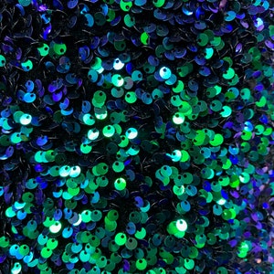 Stephanie GREEN BLUE Mermaid Overlap Sequins on BLACK Stretch Velvet Fabric by the Yard for Gowns, Apparel, Costumes, Crafts - 10185