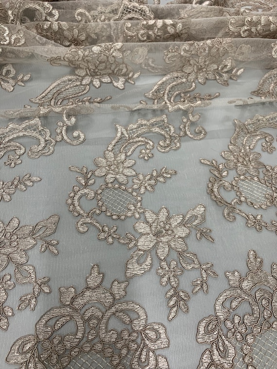 Elise TAUPE Polyester Corded Floral Embroidery on Mesh Lace Fabric