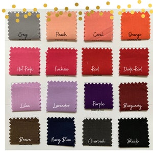 Puede incluir: Carta de muestras con 16 muestras de tela en varios colores, incluyendo gris, melocot&oacute;n, coral, naranja, rosa intenso, fucsia, rojo, rojo oscuro, lila, lavanda, morado, burdeos, marr&oacute;n, azul marino, carb&oacute;n y negro.