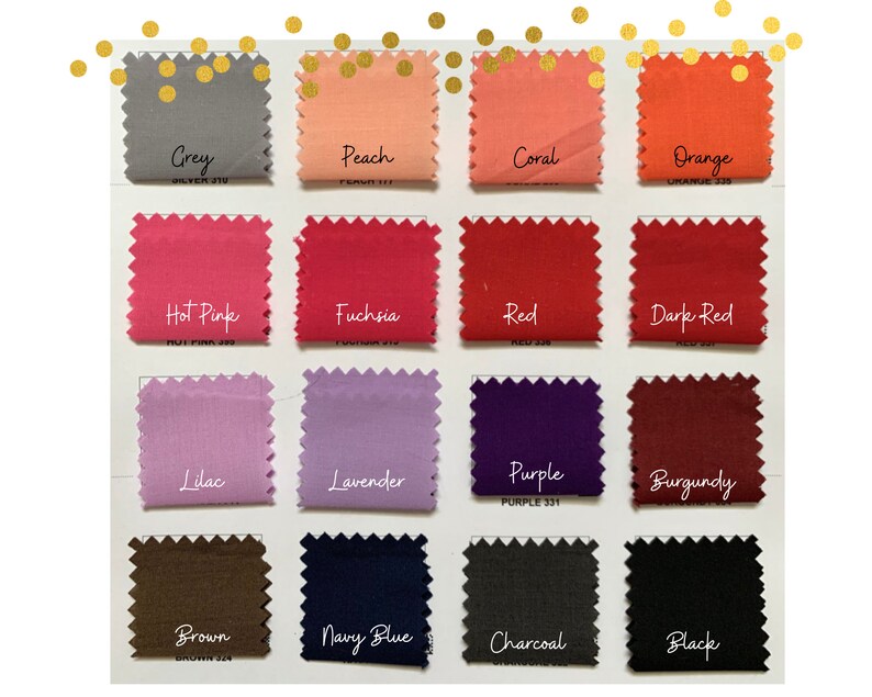 Puede incluir: Carta de muestras con 16 muestras de tela en varios colores, incluyendo gris, melocot&oacute;n, coral, naranja, rosa intenso, fucsia, rojo, rojo oscuro, lila, lavanda, morado, burdeos, marr&oacute;n, azul marino, carb&oacute;n y negro.