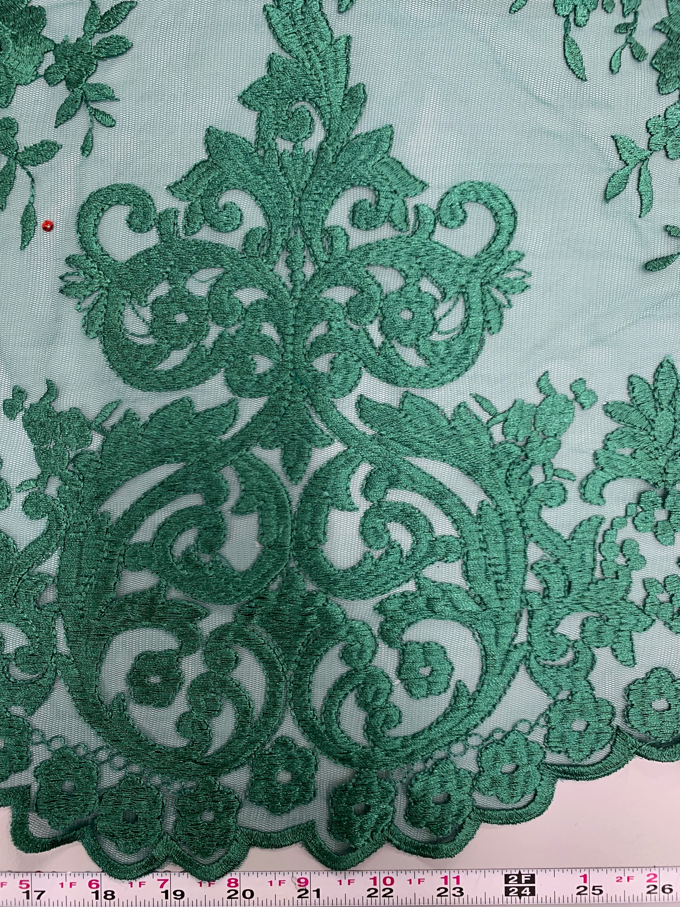 Teagan HUNTER GREEN Damask Design Embroidered on Mesh Lace Fabric by ...