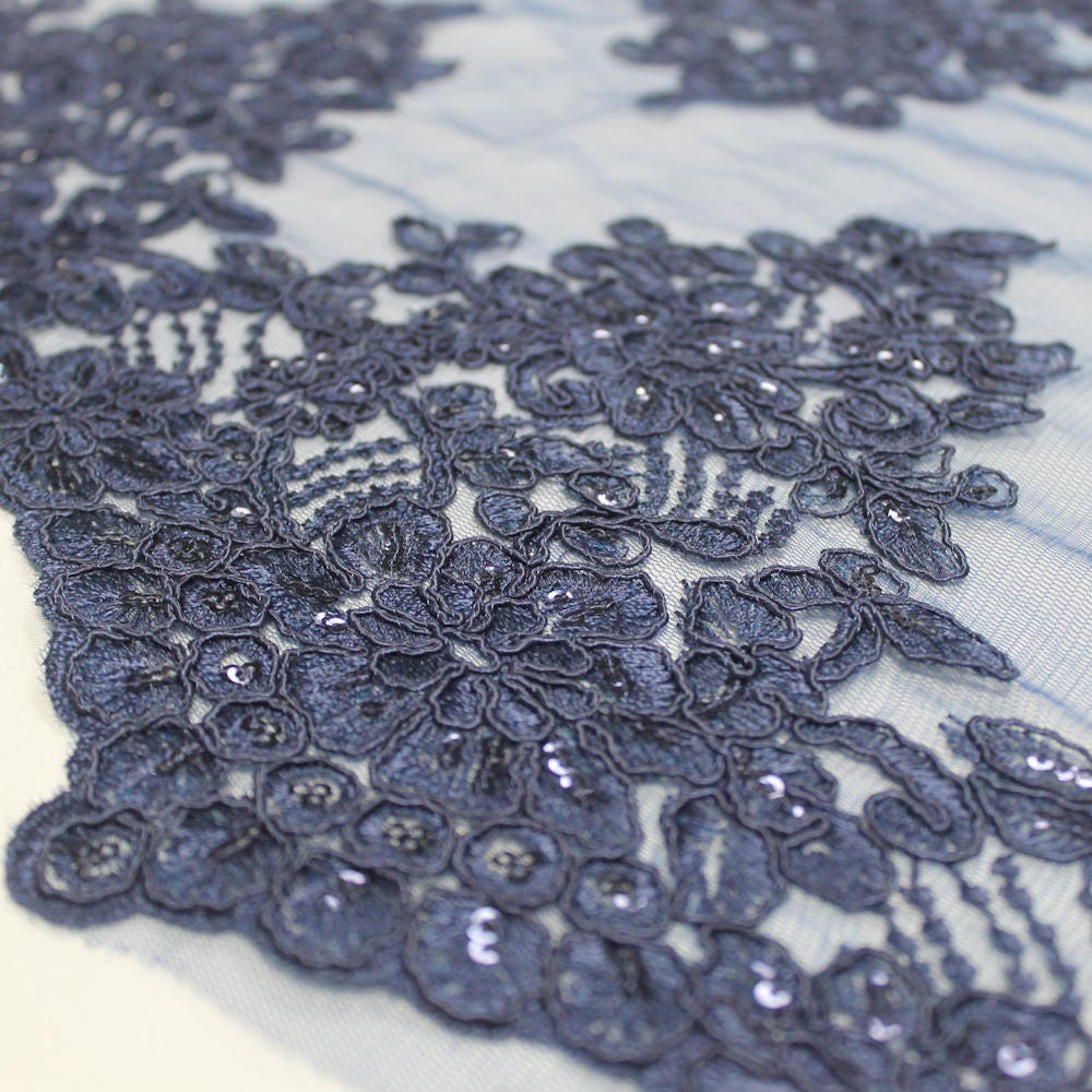 Brianna NAVY BLUE Polyester Floral Embroidery With Sequins on Mesh Lace ...